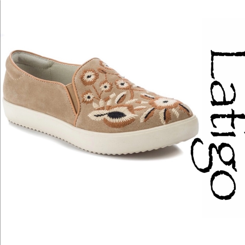 ANTHROPOLOGIE brand LATIGO Rada Embroidered Tan Leather Slip-On Sneaker sz 8.5